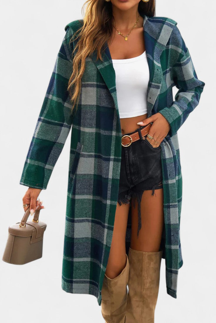 Sandrine Brushed Check Hooded Jacket with Button Closure