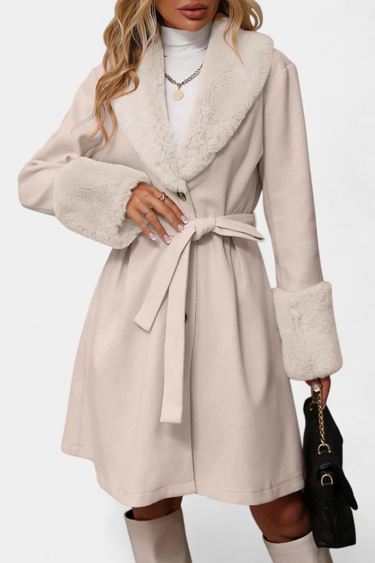 CELESTE | Trapeze Coat with Belt and Faux Fur Details