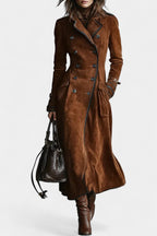 VERA | Long Coat in Suede with Double Breasted and Black Trim