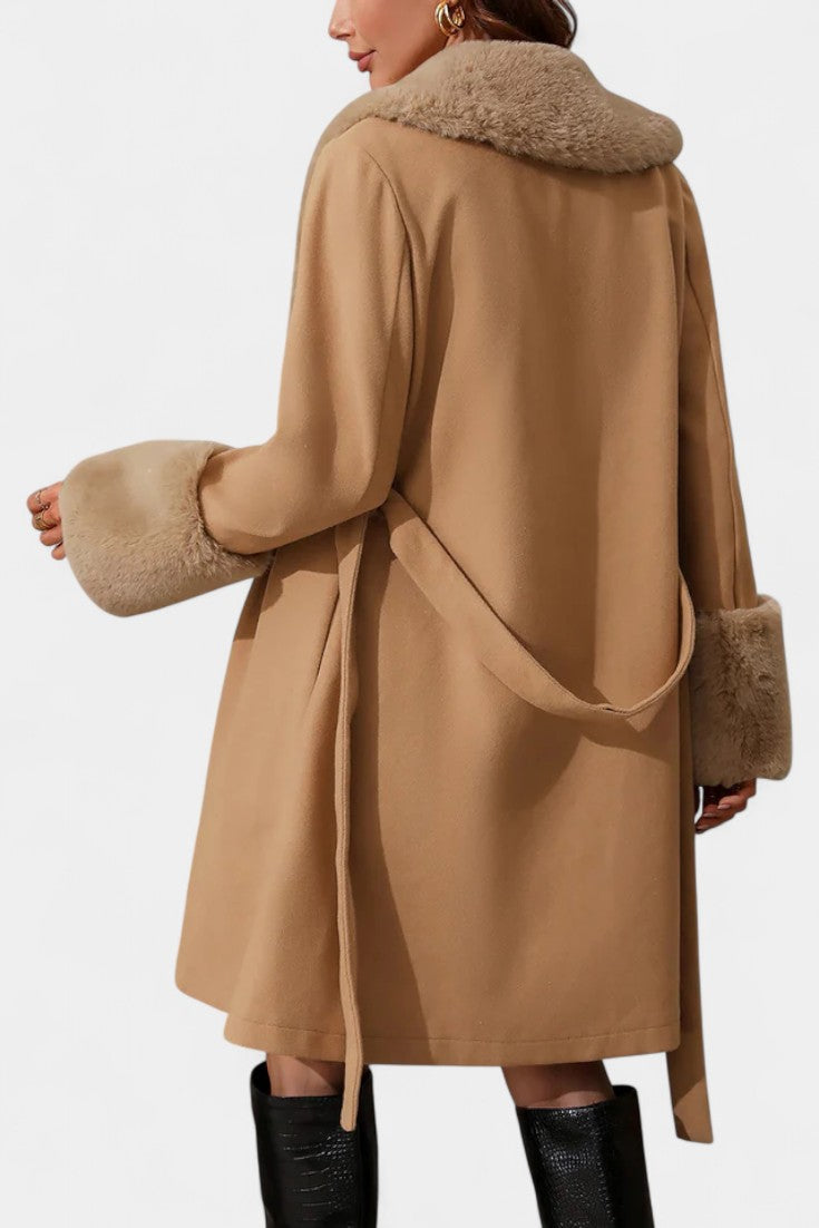 CELESTE | Trapeze Coat with Belt and Faux Fur Details