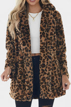 Énola Long Leopard Print Faux Fur Coat with Pockets