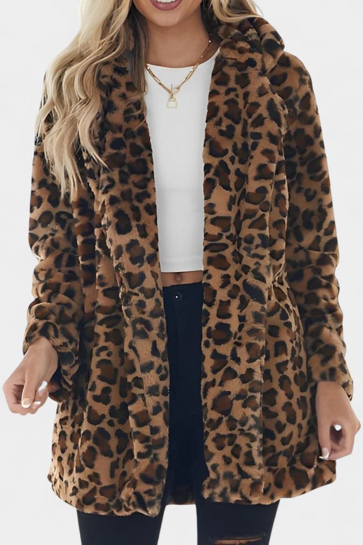 Énola Long Leopard Print Faux Fur Coat with Pockets