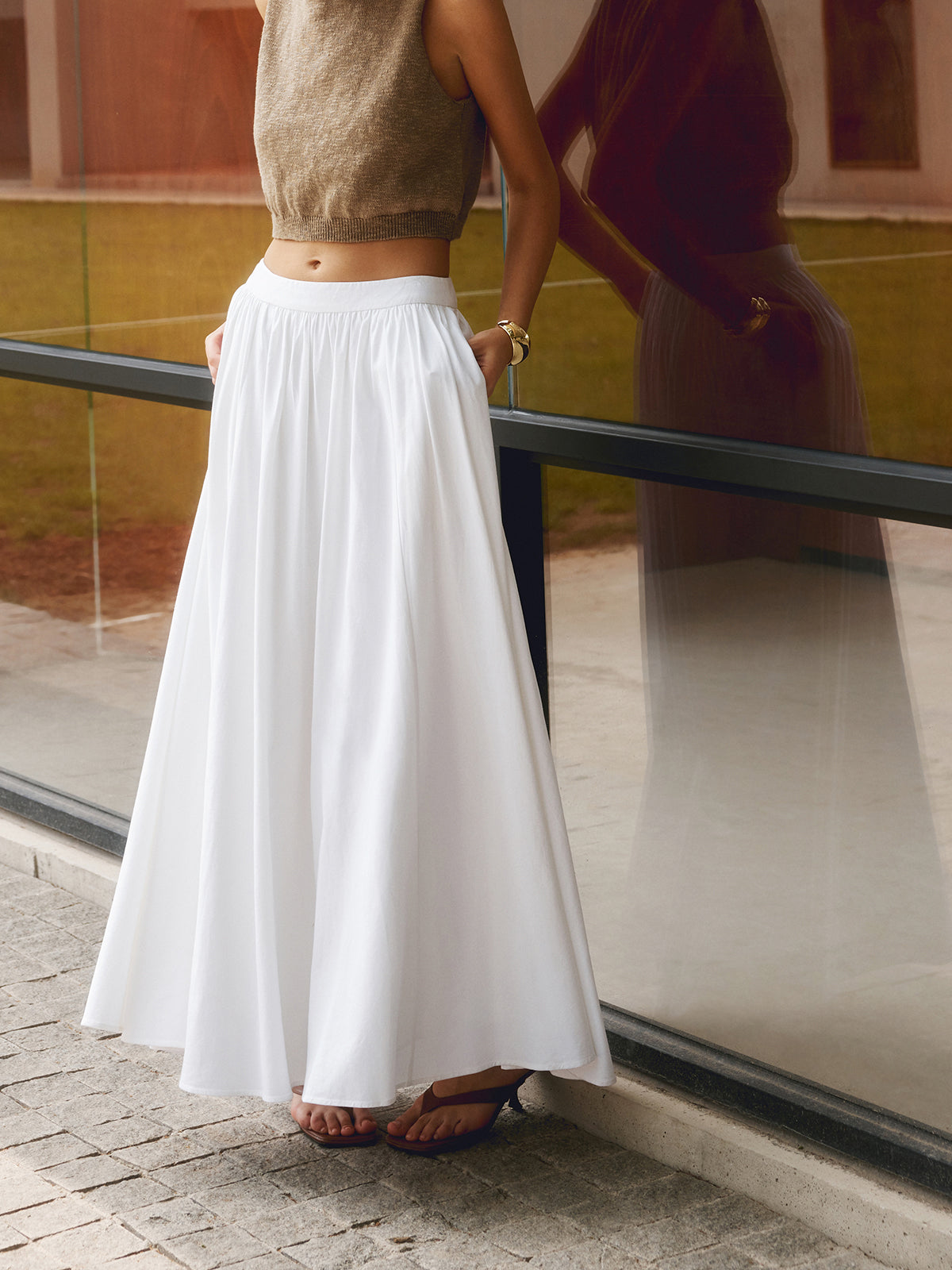 PEARL | Women's High Waist Pleated A-Line Maxi Skirt with Pockets