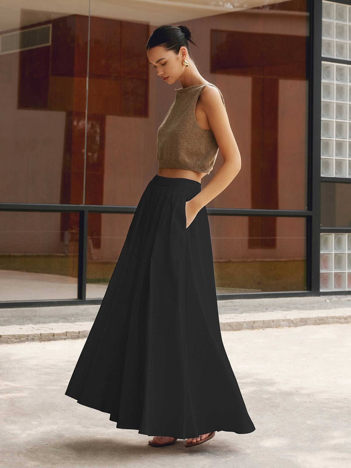 PEARL | Women's High Waist Pleated A-Line Maxi Skirt with Pockets