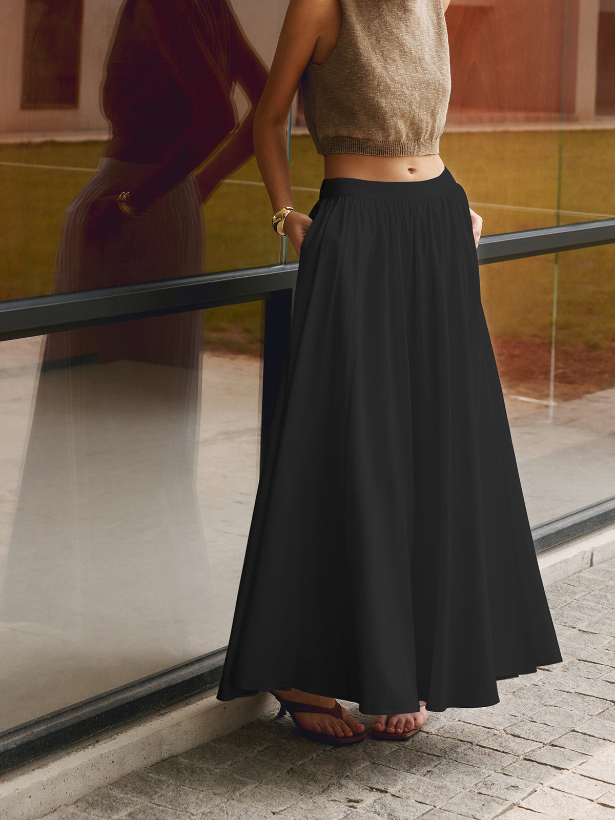 PEARL | Women's High Waist Pleated A-Line Maxi Skirt with Pockets