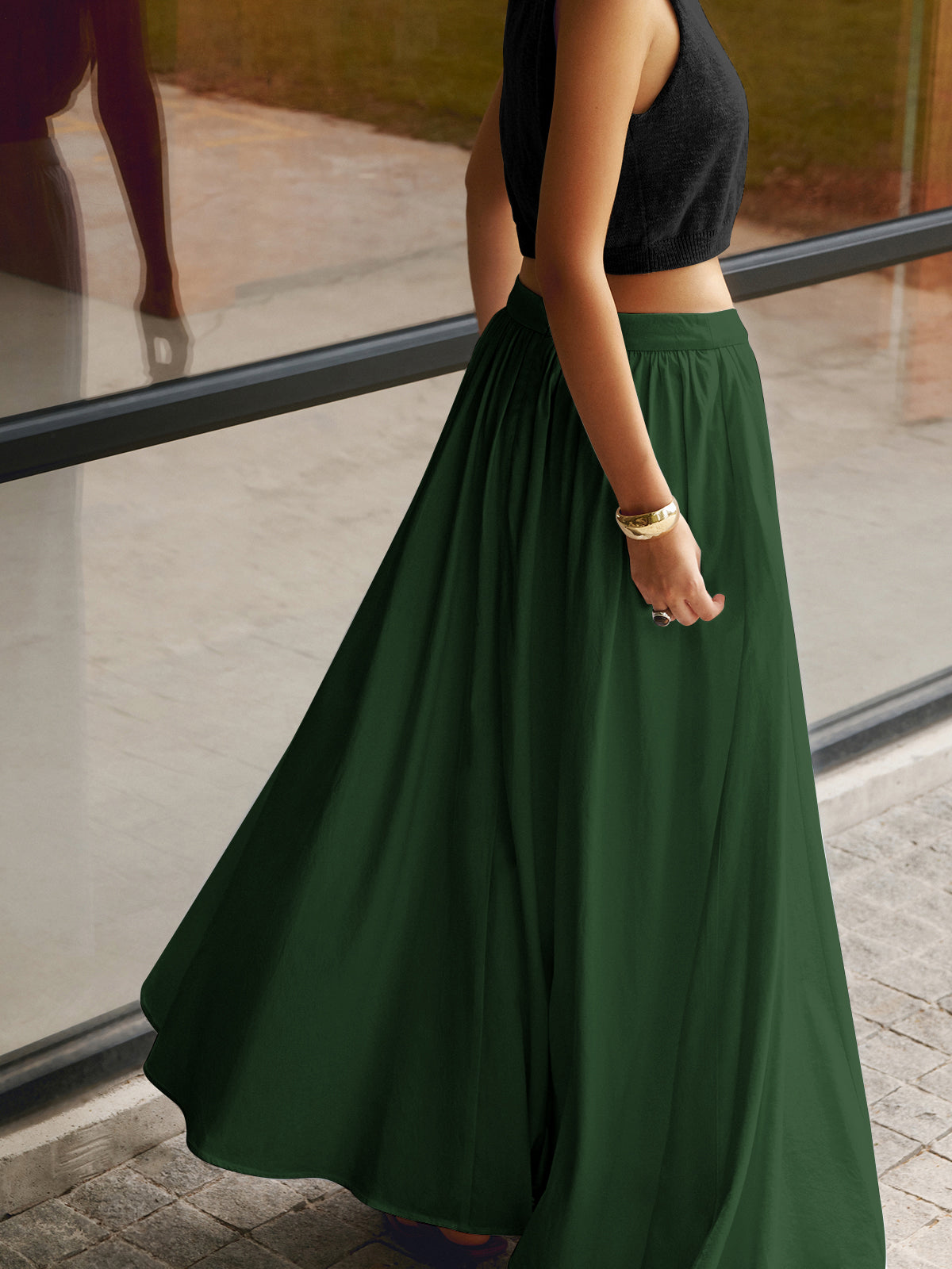 PEARL | Women's High Waist Pleated A-Line Maxi Skirt with Pockets
