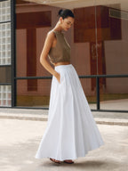 PEARL | Women's High Waist Pleated A-Line Maxi Skirt with Pockets