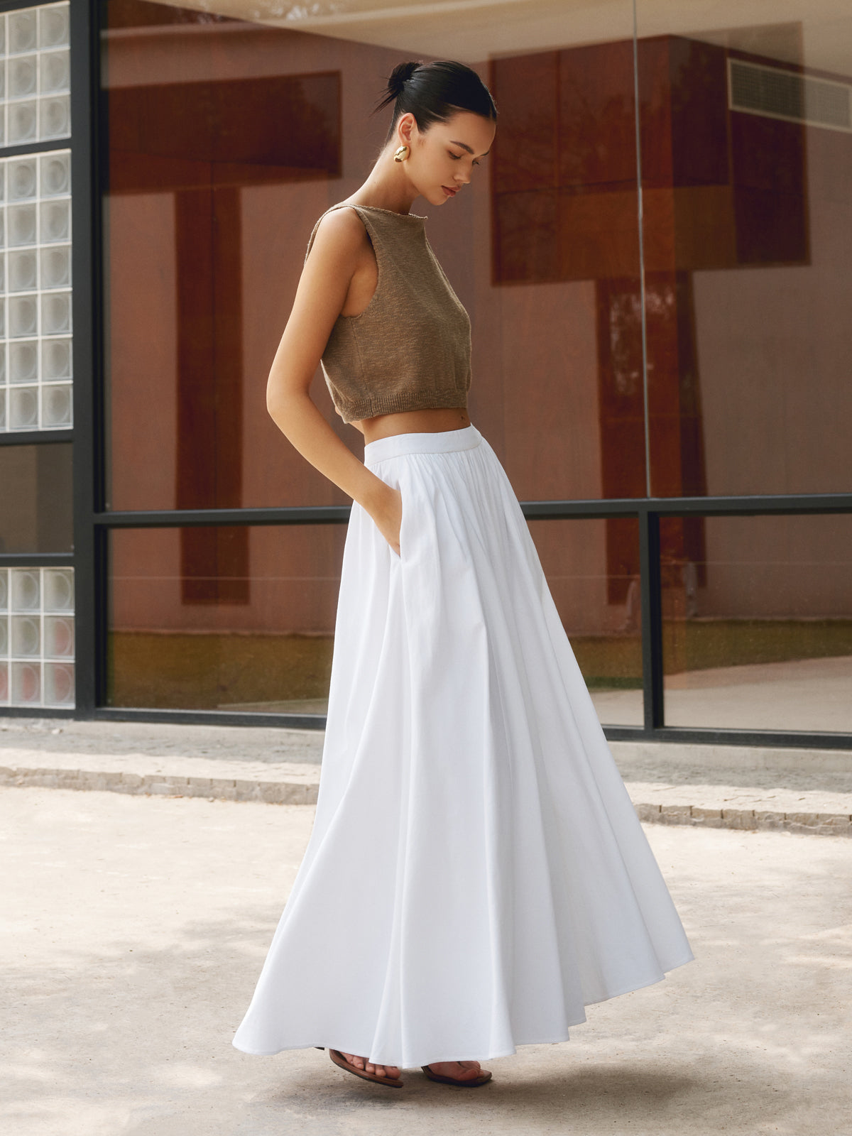 PEARL | Women's High Waist Pleated A-Line Maxi Skirt with Pockets